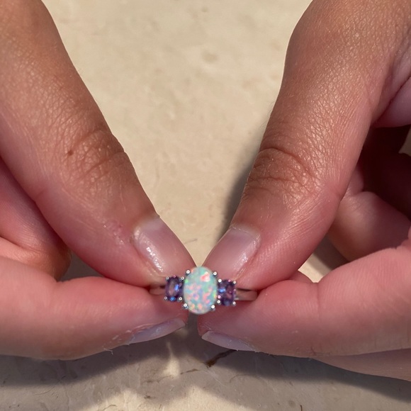 Sterling Silver Lab Created Opal Ring - Picture 8 of 16